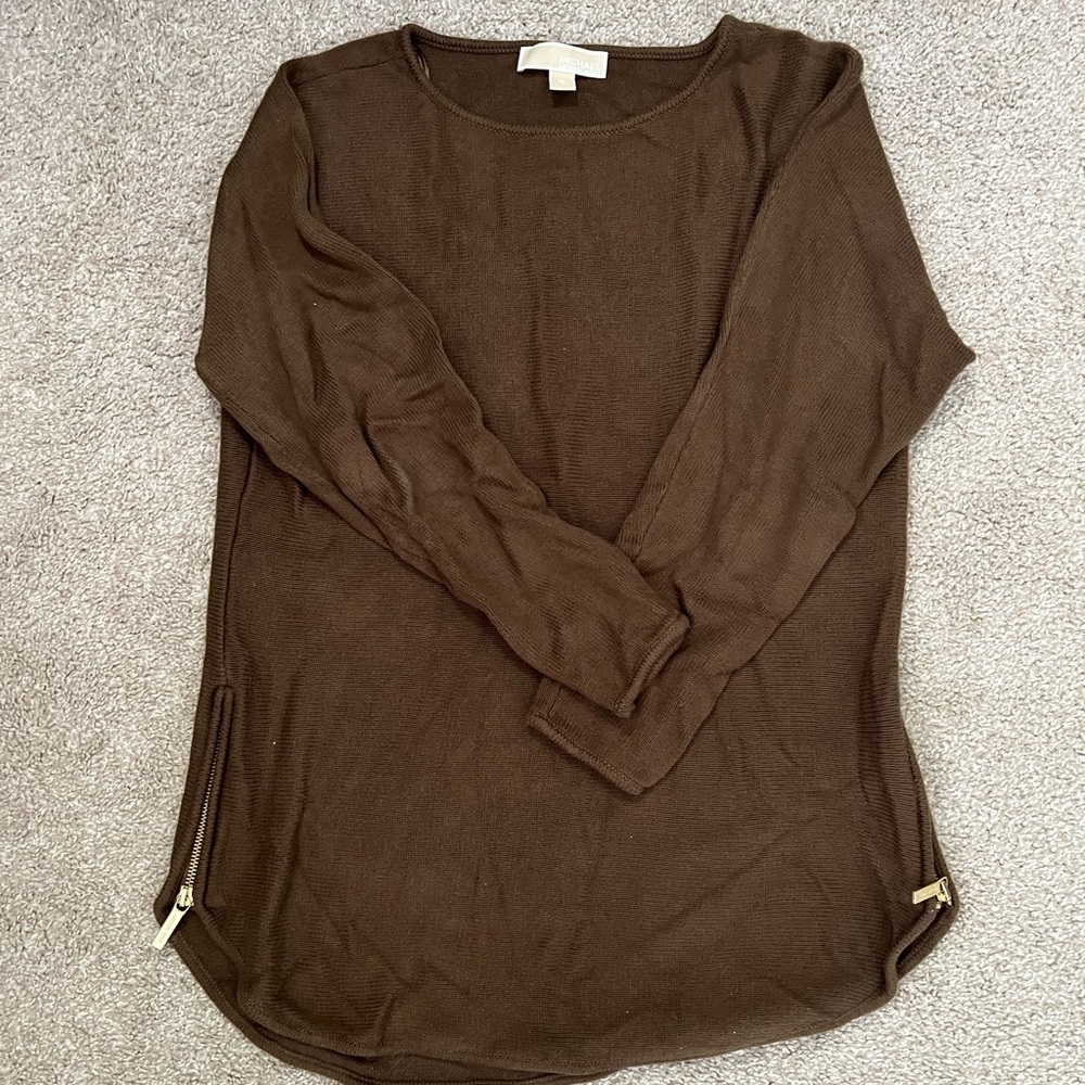 Michael Kors Brown Long Sleeve Knit Top with Gold Zippers
